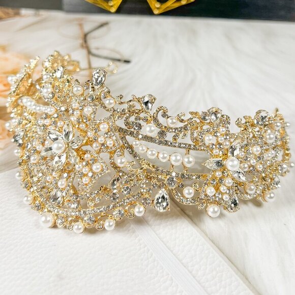 Bridal Pearl Tiara, Gold Rhinestone Crown, Wedding Headband, Birthday Gift